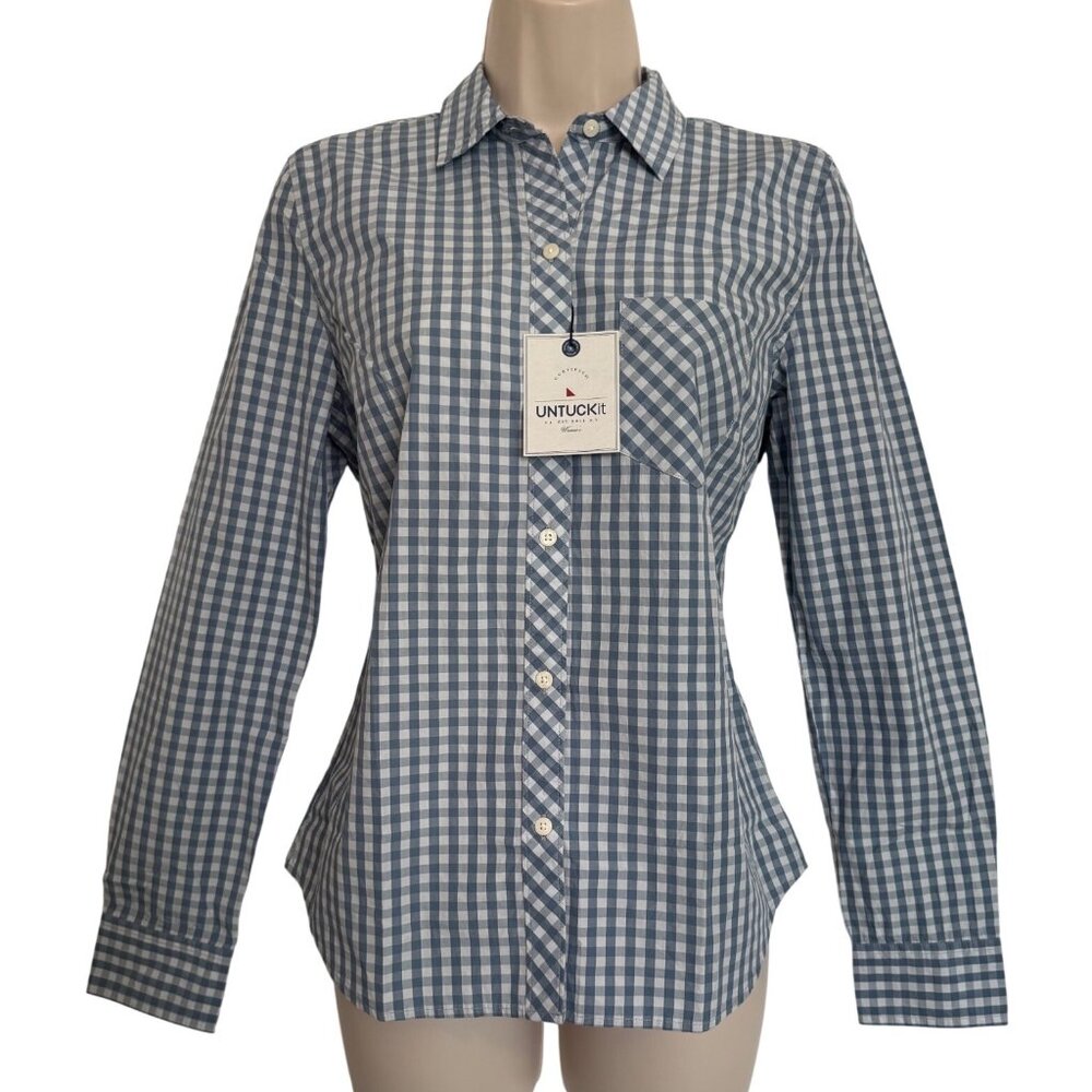 Untuckit Crispo Gingham Size 2 Button Up Cotton Shirt NWT Blue White Check Top S